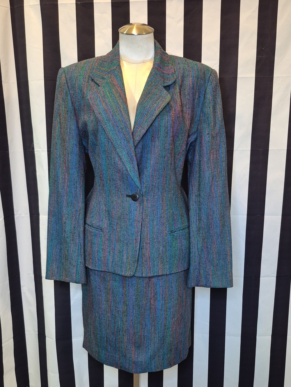 Vintage Woven Silk Teal Multi-Colored Blazer Single-Button Suit